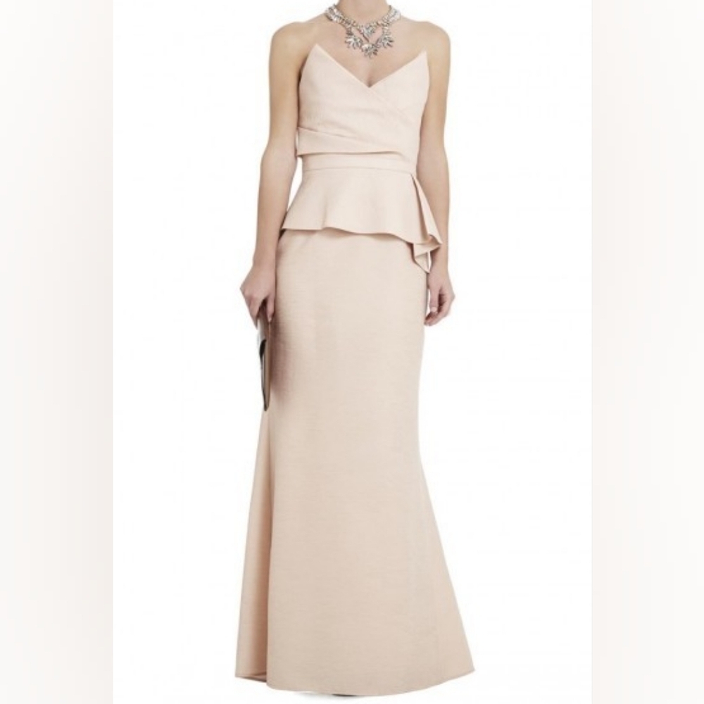 BCBGMaxAzria Gracie Strapless Peplum Corset Long Cocktail Gown Bare Pink Size 6.
